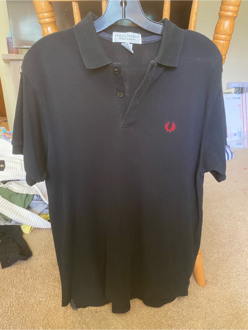 Fred Perry Sportswear Vintage Black Pique Polo Shirt Size L Red Logo- 100% cott